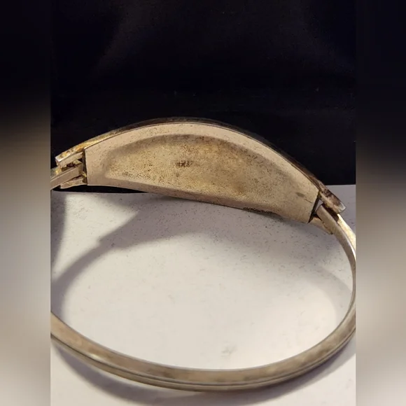 1970's MOP and Blue enamel Butterfly Alpaca Silver Hinged Bracelet - Picture 8 of 10